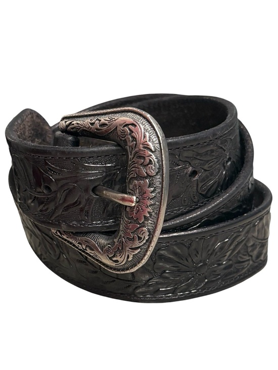 Other - Vintage Embossed Leather Western Belt Floral Engraved Buckle Black BOHO Cowgirl